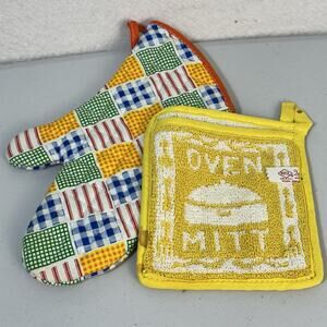 2 Decorative Cotton Pot Holder & Oven Mitt MCM Patchwork Yellow Blue Retro VTG